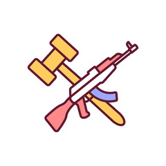 Gun control RGB color icon. Firearms regulation. Defense against gun violence. Laws for fire arms. Civilian protection. Military court case, trial for army officer. Isolated vector illustration