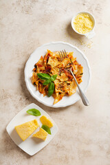Pasta Maltagliati with classic tomato sauce, parmesan and basil on a rustic concrete light table background. Traditional Italian dish serving. Top view.