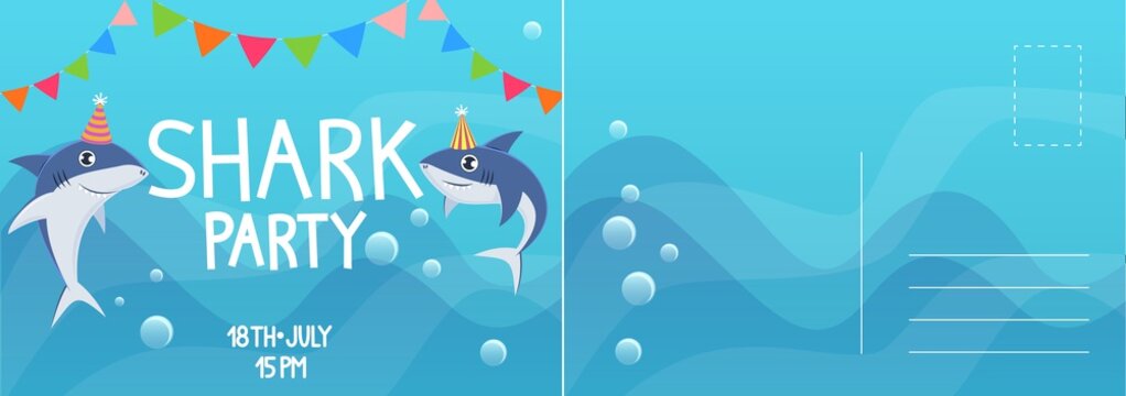 Birthday invitation cards. Shark birthday party kids greeting card. Holiday postcard with colorful underwater animals in cone hat, letter template with text, vector cartoon illustration