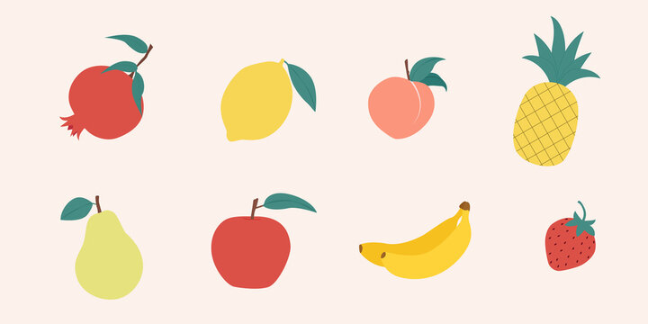 Fruit doodles. Natural fruits set. Pomegranate, lemon, peach, pineapple, pear, apple, banana, strawberry isolated background. Hand drawn, organic fruits. Modern colorful trendy vector illustration.