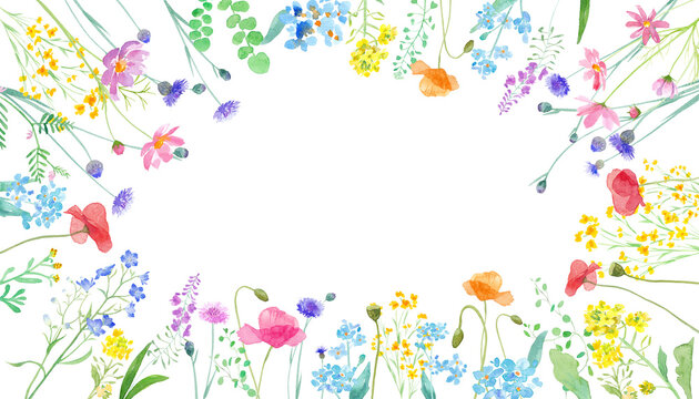 春の野原に咲く草花の水彩イラスト。囲みフレームデザイン。