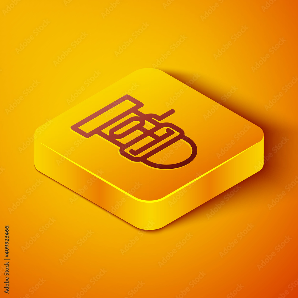 Poster isometric line well with a bucket and drinking water icon isolated on orange background. yellow squa