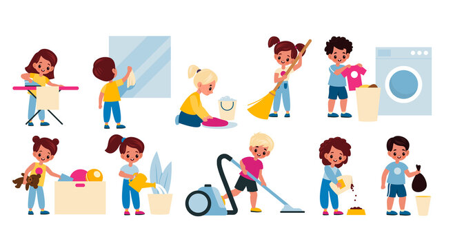 Kids cleaning home. Children housework activity. Girls and boys washing clothes, garbage taking, watering plants, vacuuming and sweeping floor. Housekeeping chores vector cartoon set