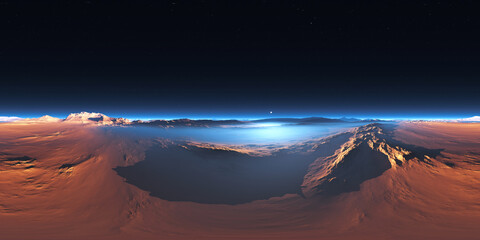 360 degree panorama of the cold desert on Mars. Martian Landscape, environment HDRI map. Equirectangular projection, spherical panorama