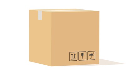 Cardboard box. Closed carton packaging cargo storage, beige square delivery parcel with sign angle view, industry shipment, shipping goods, warehouse object vector isolated illustration