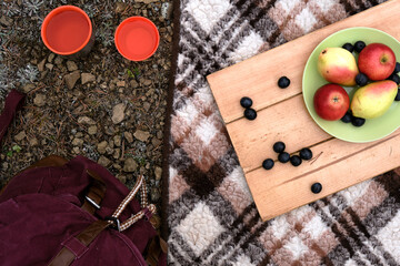 Apples, pears, grape lies on a green plate on a wooden stand on a plaid. Cozy picnic on fresh air. Stone ground. Vegetarian healthy meal. Backpack and cups are near it