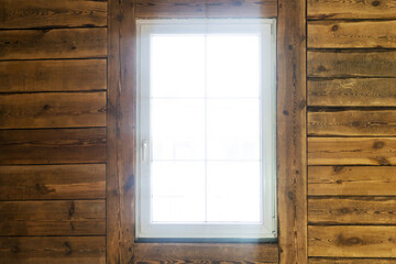 Bright window light. Cottage house window. Interior rustic design background. Countryside architecture. Rural village small home indoor. Bright light shiny dreamy window.