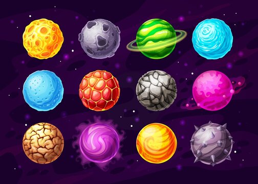 Alien space planets cartoon vector design of space game UI, user interface. Fantasy universe galaxy planets with orbits, stones, magic energy fire craters and ice crystals, mist rings and stars