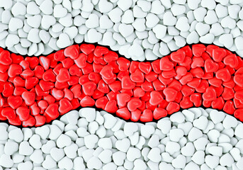 Background from white hearts. Red wave from hearts in the center. Valentines Day. 3D rendering and 3D illustration.