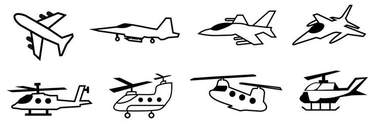 set of Jet Fighter icon. helicopter icons symbol. illustration of airplane line icons . editable stroke. vector. eps10