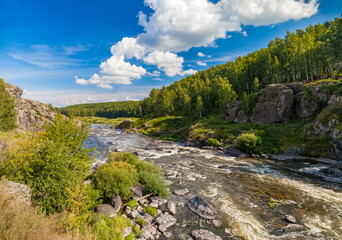 Fototapeta na wymiar Fast river with rocky banks, overgrown with trees in summer