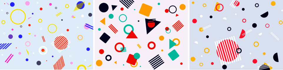 Memphis style geometric background set. Creative bauhaus geometry icons pattern. Memphis concept design. Trendy colours geometric abstract figures cover set