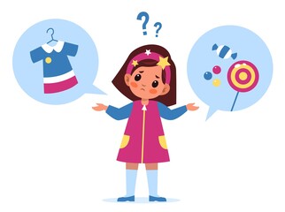 Kids choice. Little girl choosing option, sweets or new dress options, thought process, pensive pose with question marks. Cute child thinking, make decision. Vector flat cartoon concept
