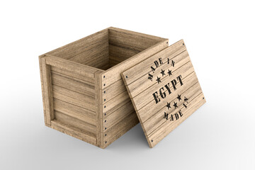 Large wooden crate with Made in Egypt text on white background. 3D rendering