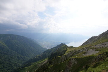 Naklejka premium Lake Geneva in Switzerland seen from a scenery mountain perspective on a sunny day