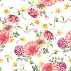 Watercolor floral seamless pattern on a white background.