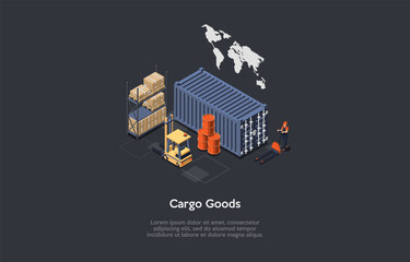 Illustration Of Cargo Goods In Warehouse Surrounding. Vector Composition In Cartoon 3D Style. Isometric Design With Character. Freight Products Storage And Trading Business. Cardboard Parcels, Boxes