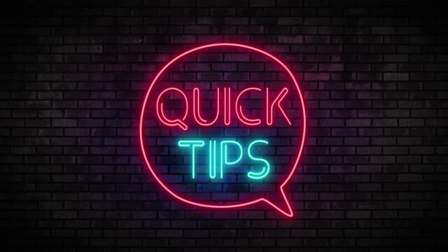 Neon Quick Tips and speech bubble on brick wall. Night Club Bar Blinking Neon Sign. Motion Animation. Video available in 4K FullHD and HD render footage.
