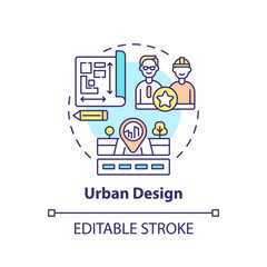 Urban design concept icon. Co-design application field idea thin line illustration. Designing streets and spaces, towns and cities. Vector isolated outline RGB color drawing. Editable stroke