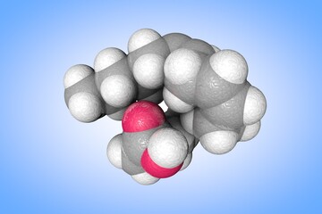 Molecular model of arachidonic acid. Atoms are represented as spheres with conventional color coding: carbon (grey), oxygen (red), hydrogen (white). Scientific background. 3d illustration