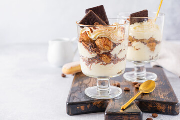 Homemade Italian dessert tiramisu with savoiardi and mascarpone,