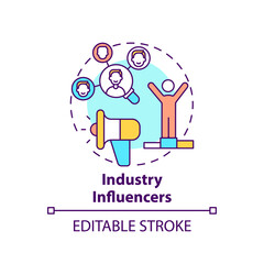 Industry influencers concept icon. Co-creation participant idea thin line illustration. Testimonial advertising. Brand promotion. Vector isolated outline RGB color drawing. Editable stroke