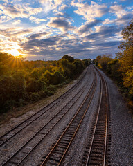 railroad tracks in the sunset