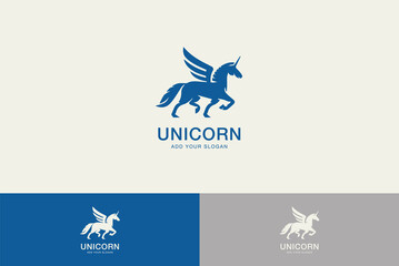 Unicorn logo design, unicorn logo ideas premium vector.  silhouette of a full-body unicorn vector illustration with minimal art. © MintArt