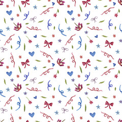 Watercolor seamless pattern with hearts, bows, ribbons, petals and flowers. Blue and red shades on a white background. Bright pattern for Valentine's Day.