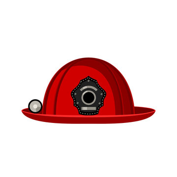 Fireman's helmet with flashlight, red. Isolated color image. Vector illustration