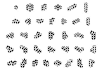 Set of black outline tetris game blocks isolated on white. Monochrome  isometric vector illustration, 3d puzzle
