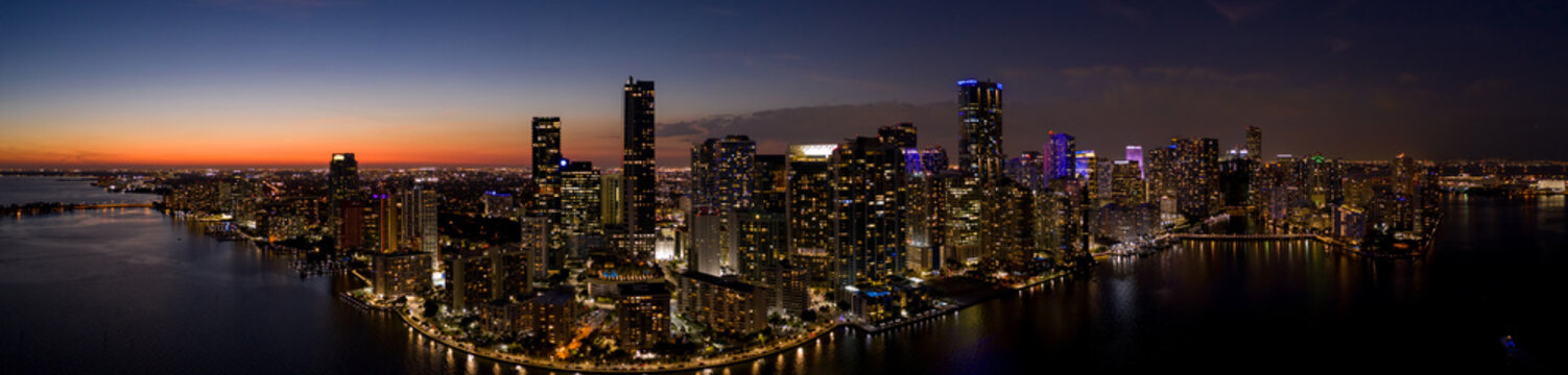 Fototapeta Aerial twilight night panorama Miami Brickell