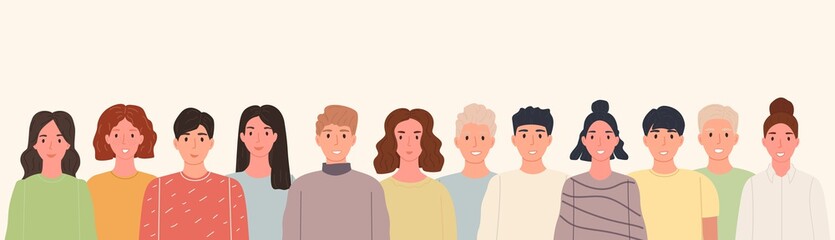 Group of smiling people standing together in line on isolated background. Portrait happy crowd persons. Vector illustration flat style