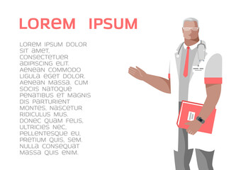 The doctor points to medical prescriptions and recommendations. Concept on the topic of medicine, health care. Vector illustration