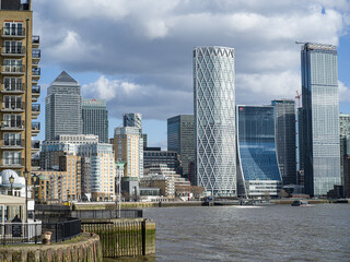 River Thames and Canary Wharf skyline, London, UK