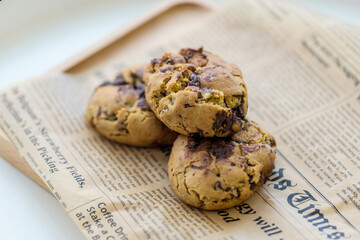 Oatmeal cookies on table. Chocolate chip cookies. Healthy food and drink and natural diet food. Cookie Almond and Cashew nuts.