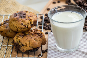 Oatmeal cookies on table. Chocolate chip cookies. Healthy food and drink and natural diet food. Cookie Almond and Cashew nuts.