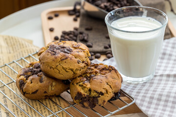 Oatmeal cookies on table. Chocolate chip cookies. Healthy food and drink and natural diet food. Cookie Almond and Cashew nuts.