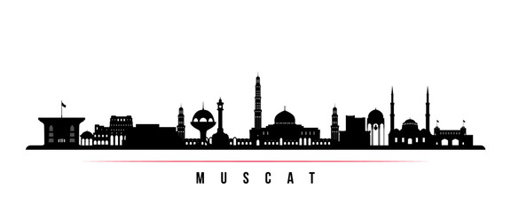 Obraz premium Muscat skyline horizontal banner. Black and white silhouette of Muscat, Oman. Vector template for your design.
