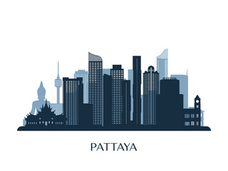 Pattaya skyline, monochrome silhouette. Vector illustration.