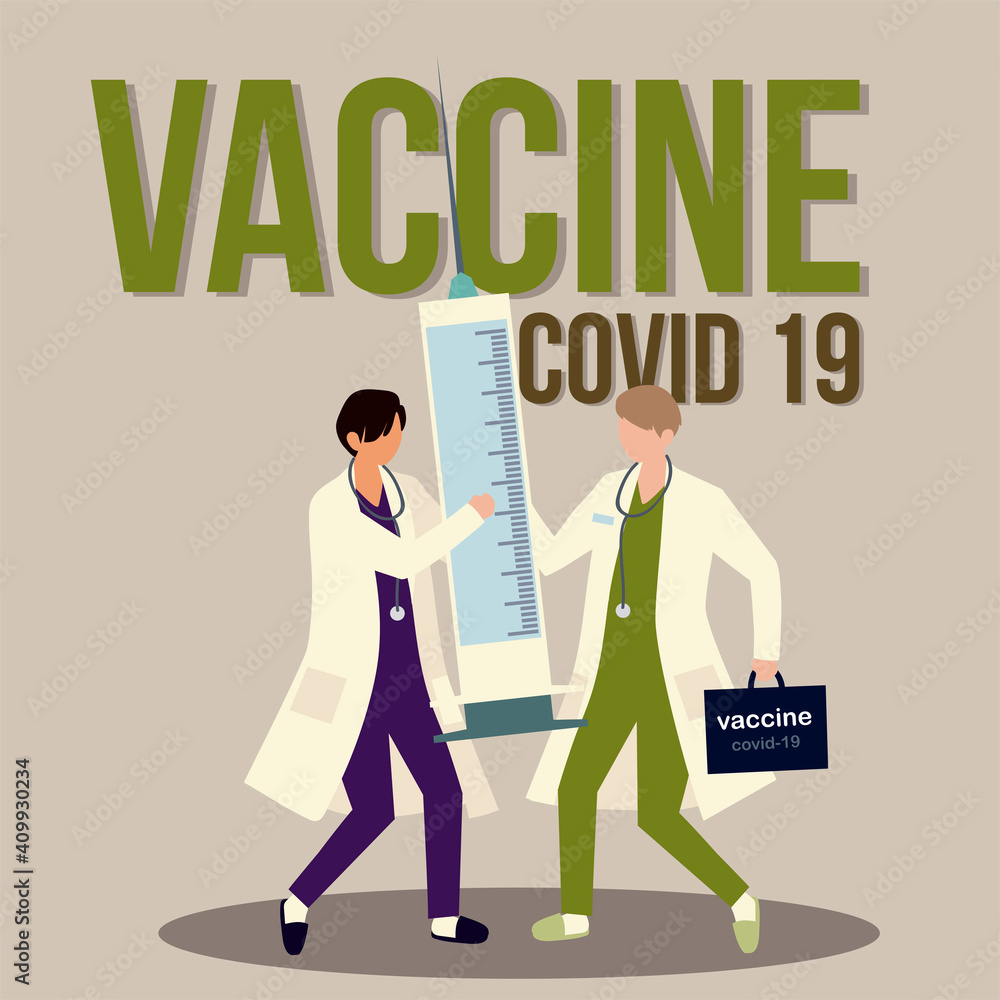 Sticker vaccine covid 19 doctors characters with syringe and kit vaccination