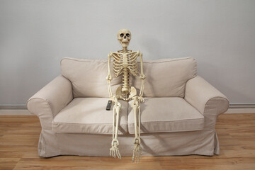 Esqueleto con mando de la televisión