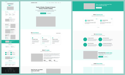 One page landing website design template for online money transfer & banking template. Landing page UX UI wireframe. Flat modern responsive design.