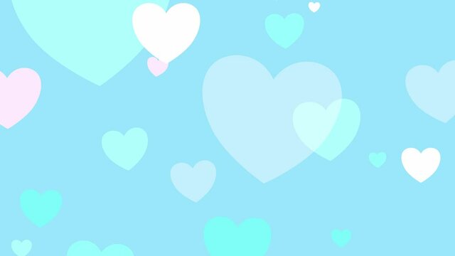 Graphic looping animation of floating transparent pastel hearts on a blue background.