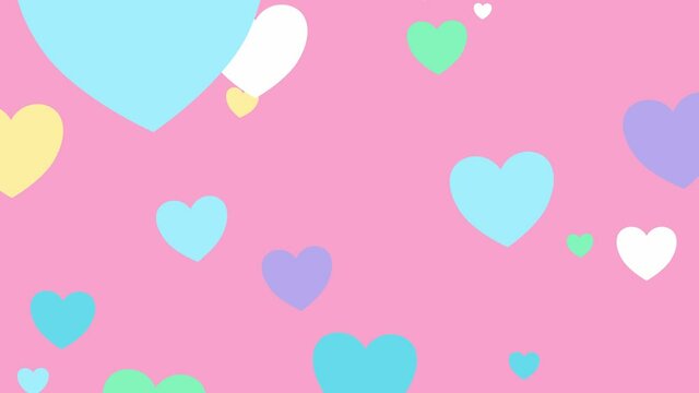 Graphic looping animation of floating pastel hearts on a pink background.