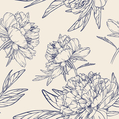 Vector vintage seamless pattern with elegant peony buds on a light brown background. Large black and white outline flowers. Hand drawn plant element. Imitation of a drawing on old craft paper.