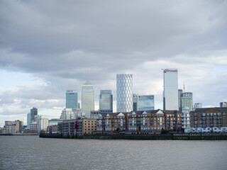 River Thames and Canary Wharf skyline, London, UK