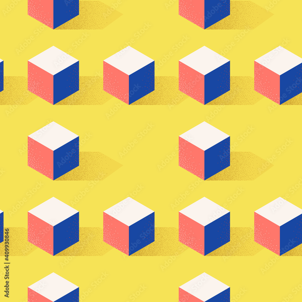 Poster Seamless pattern with cube or box shape on yellow background in modern dotted texture style