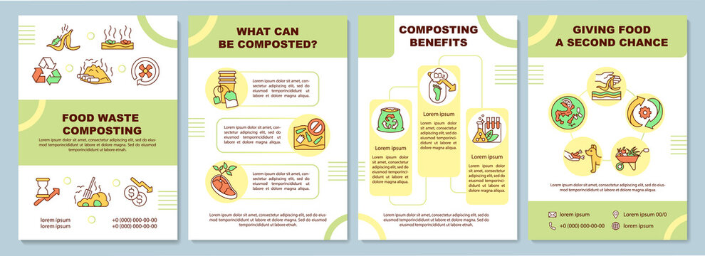 Food waste composting brochure template. What can be composted. Flyer, booklet, leaflet print, cover design with linear icons. Vector layouts for magazines, annual reports, advertising posters