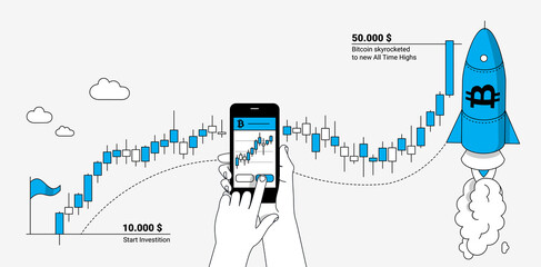 Trading bitcoin on mobile device. Online trading platform and cryptocurrency concept. Modern linear illustration.